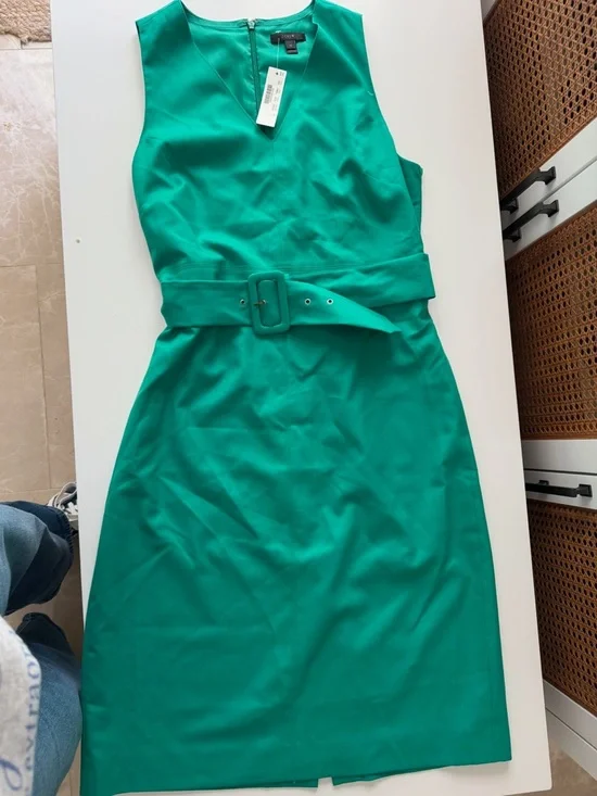 J. Crew Emerald Green Sleeveless Belted Retro Green Midi Dress | NWT - Picture 2 of 5